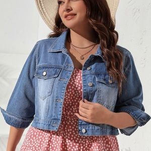 Classic Plus Size Pockets Button Down Up Cropped Denim Jeans Jacket